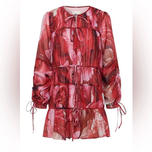 Aje Floral Prismatic Red Pink Long Sleeve Statement Sleeve Mini Dress US 2/AUS 6 - Picture 10 of 10